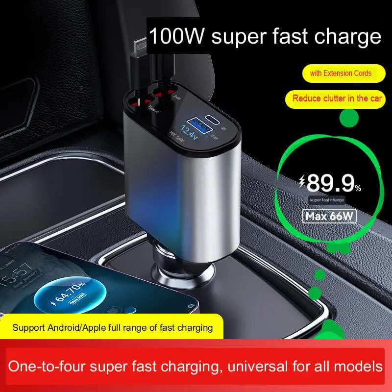 100W 4 IN 1 Retractable Car Charger USB Type C Cable For IPhone Samsung Fast Charge Cord Cigarette Lighter Adapter