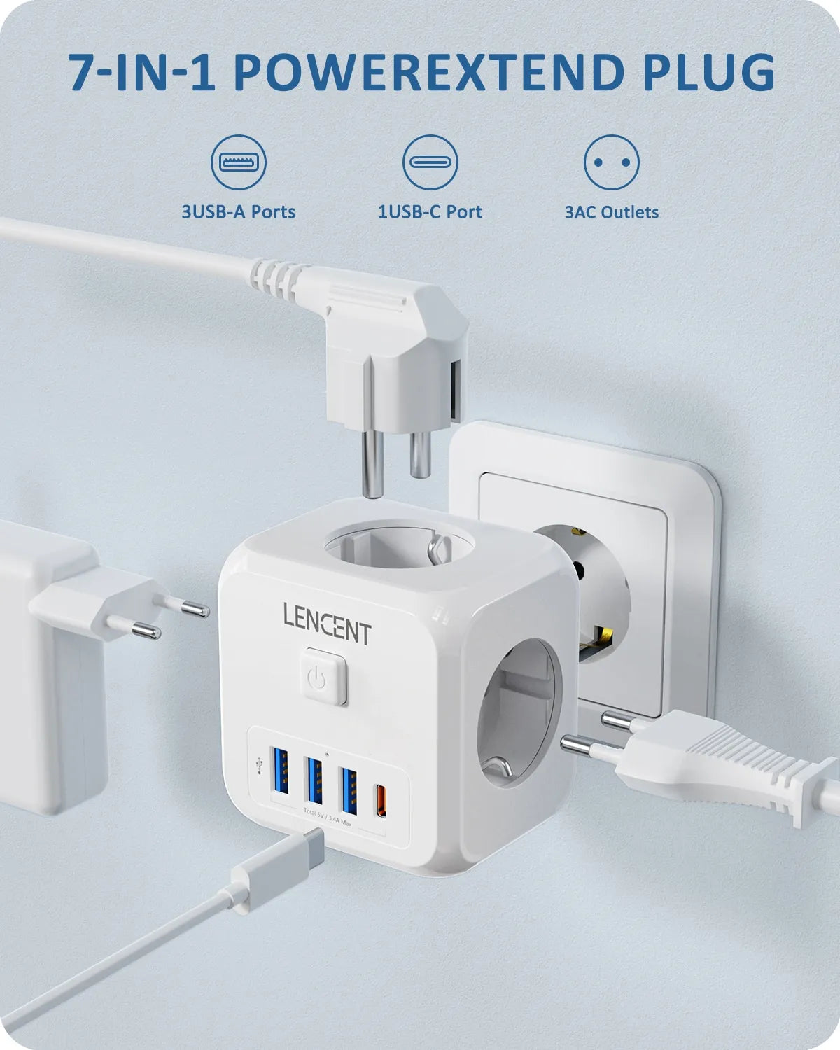 Wall Socket Extender with 3 AC Outlets 3 USB Ports and Type C 7-in-1 EU Plug Charger On/Off Switch for Home
