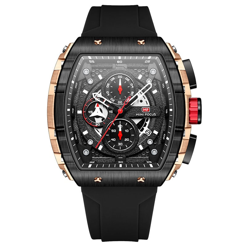 Valcon watch Chronograph Quartz Watch for Men Tonneau Dial Military Sport Wristwatch with Orange Silicone Strap Auto Date 0399
