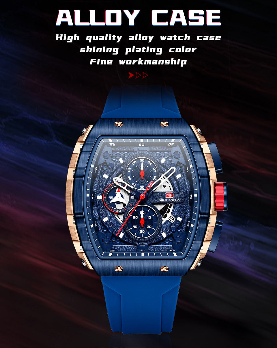 Valcon watch Chronograph Quartz Watch for Men Tonneau Dial Military Sport Wristwatch with Orange Silicone Strap Auto Date 0399