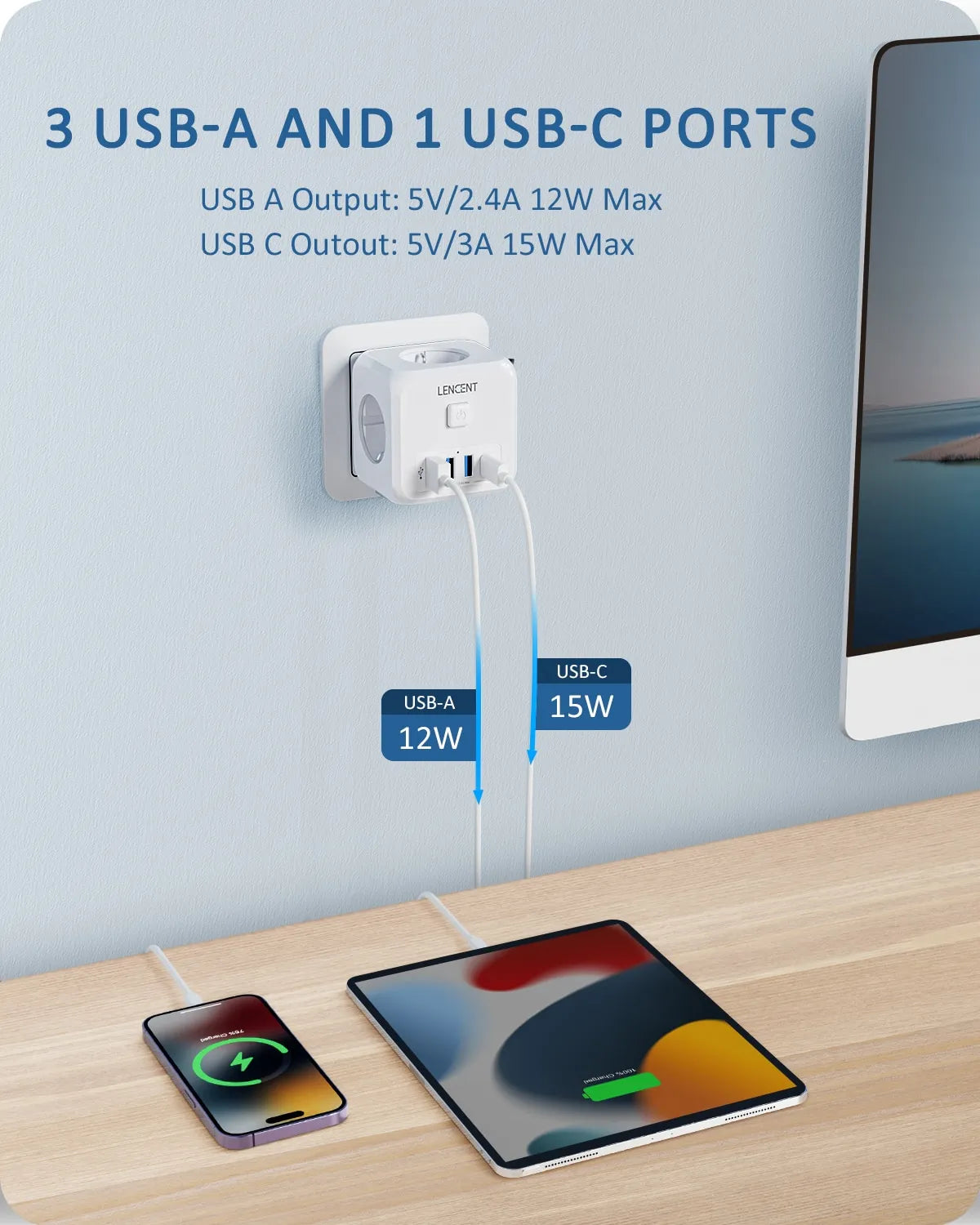 Wall Socket Extender with 3 AC Outlets 3 USB Ports and Type C 7-in-1 EU Plug Charger On/Off Switch for Home